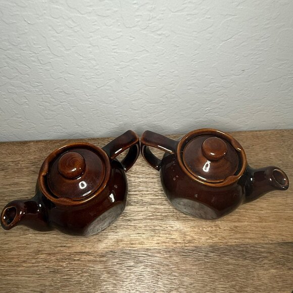 Vintage 1950s Brown Drip Glaze Personal Tea Pots With Lids - Set Of 2 - Made In - Picture 14 of 15
